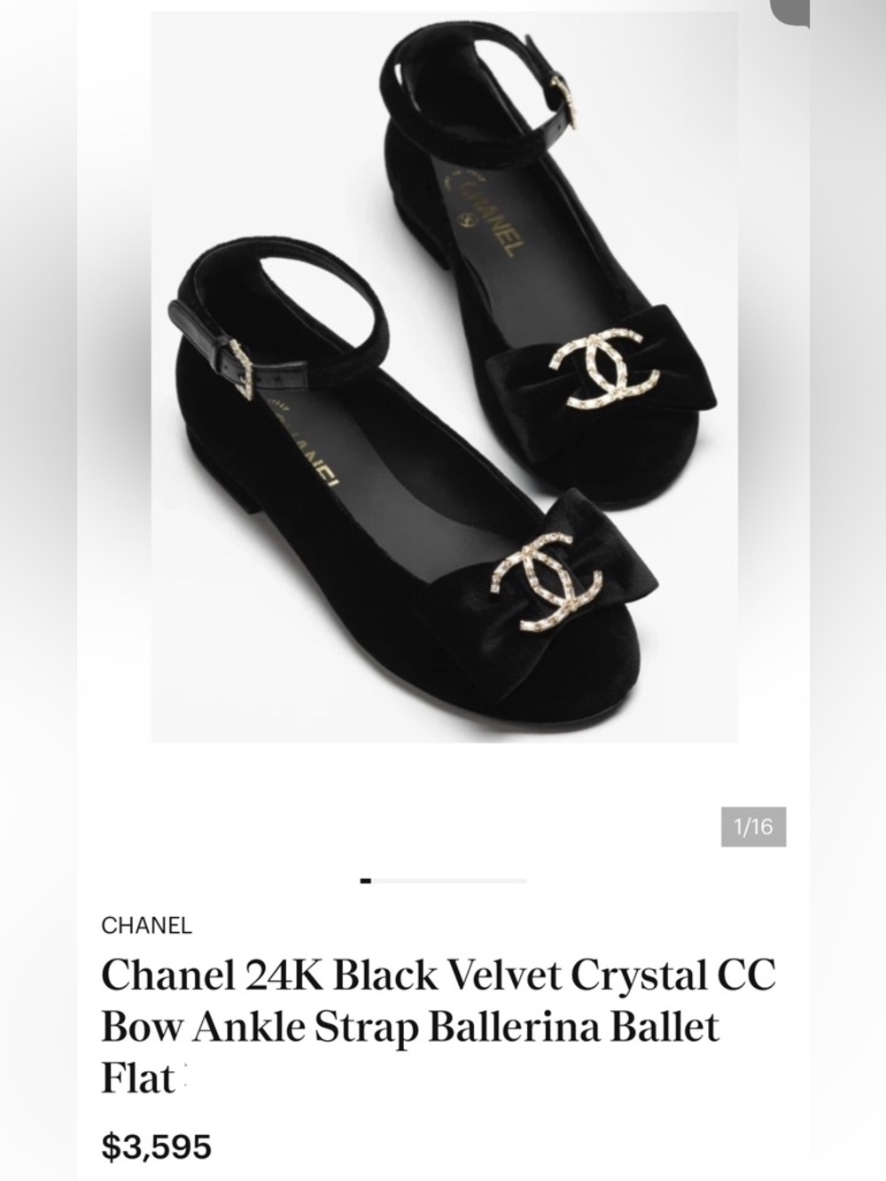 NWOT CHANEL 24K Black Velour Crystal CC-bow Embellished Ankle-Strap Flats 37 - Picture 11 of 16